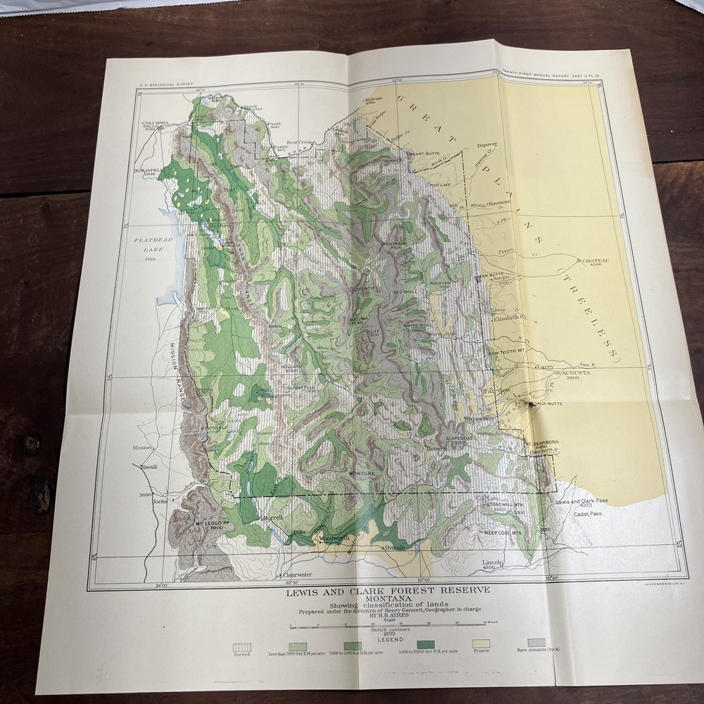1899 Lewis and Clark Forest Reserve Montana USGS Map Lithograph Julius Bien